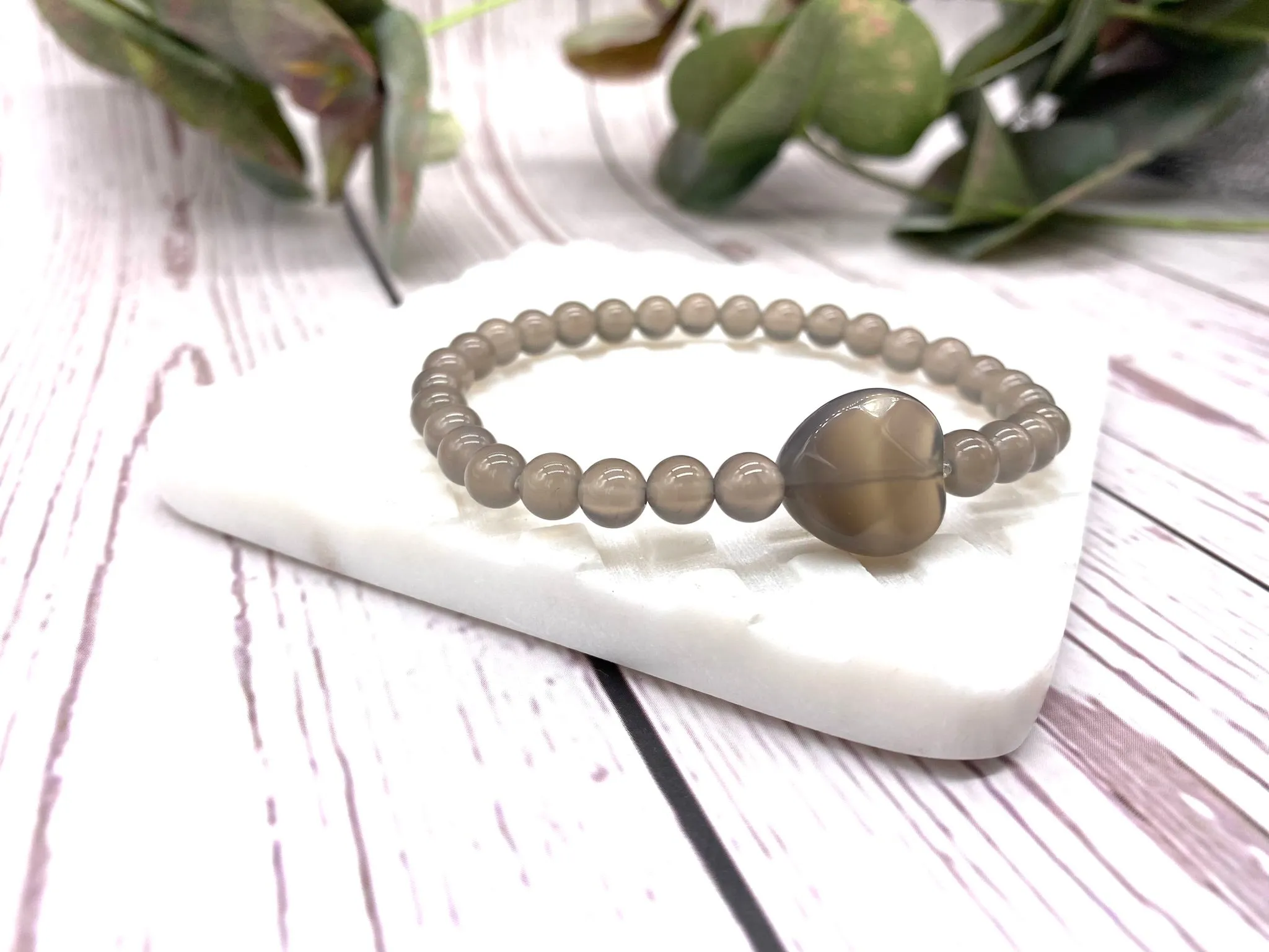 Misty Grey Agate Heart Crystal Bracelet