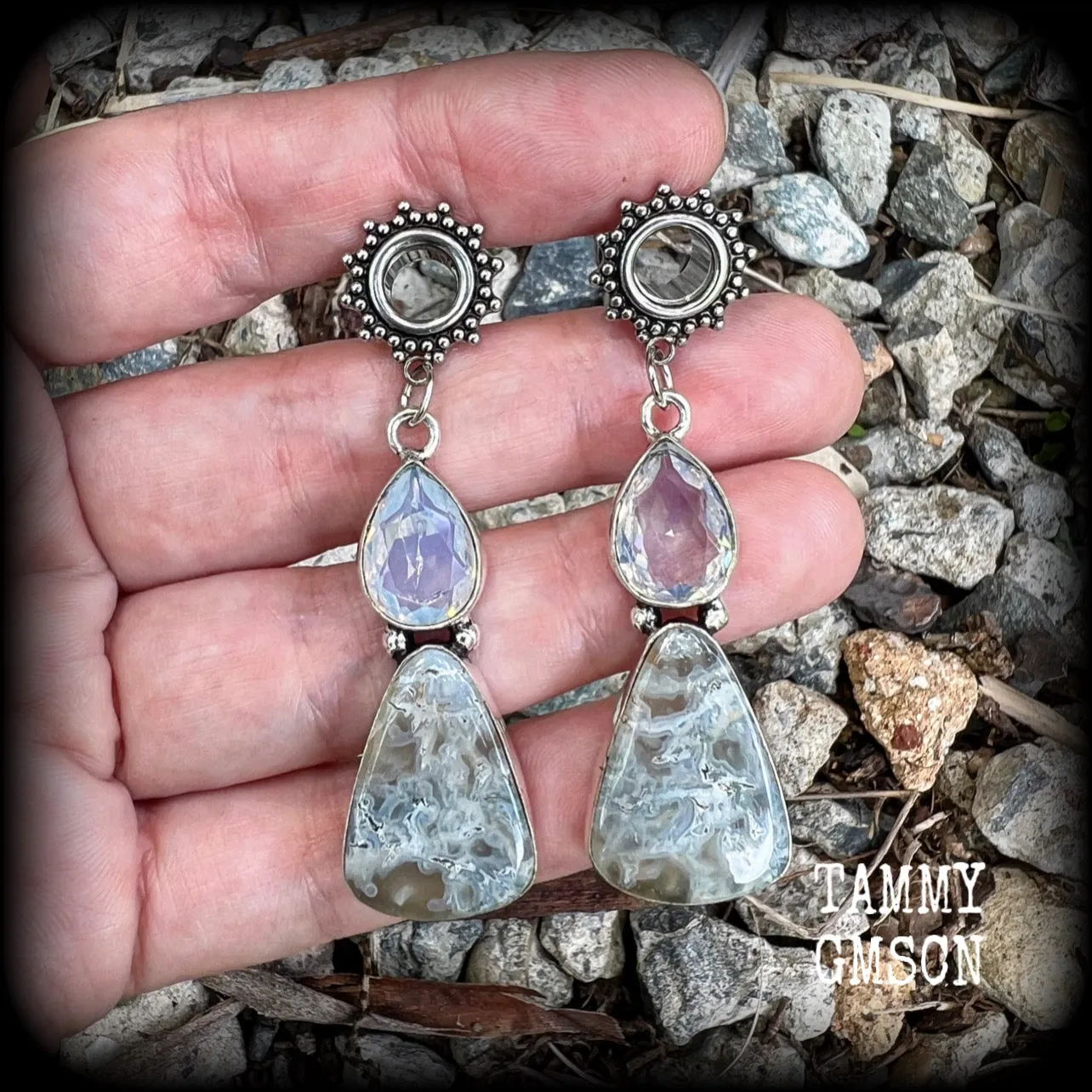 Moss agate and moonstone tunnel dangles