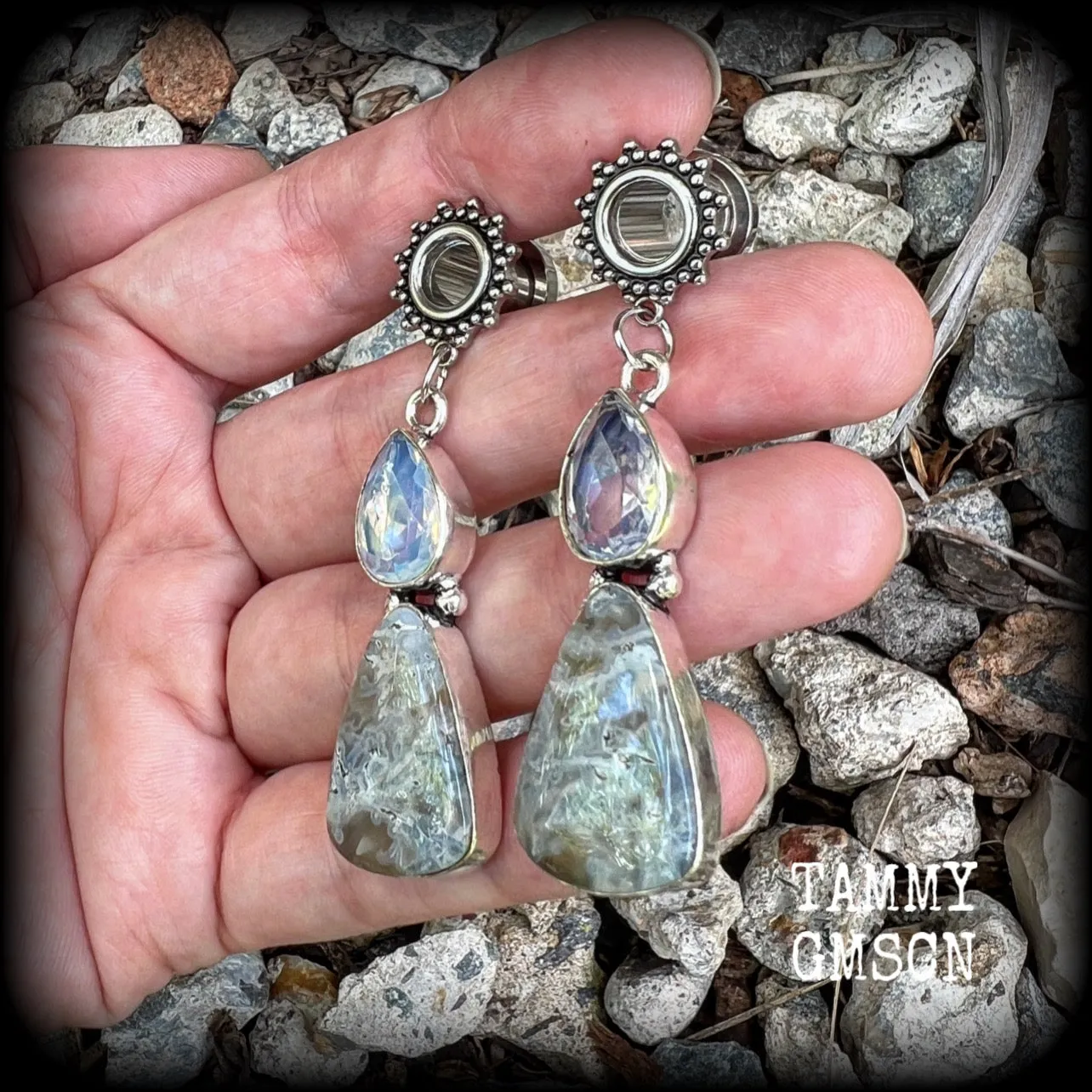 Moss agate and moonstone tunnel dangles