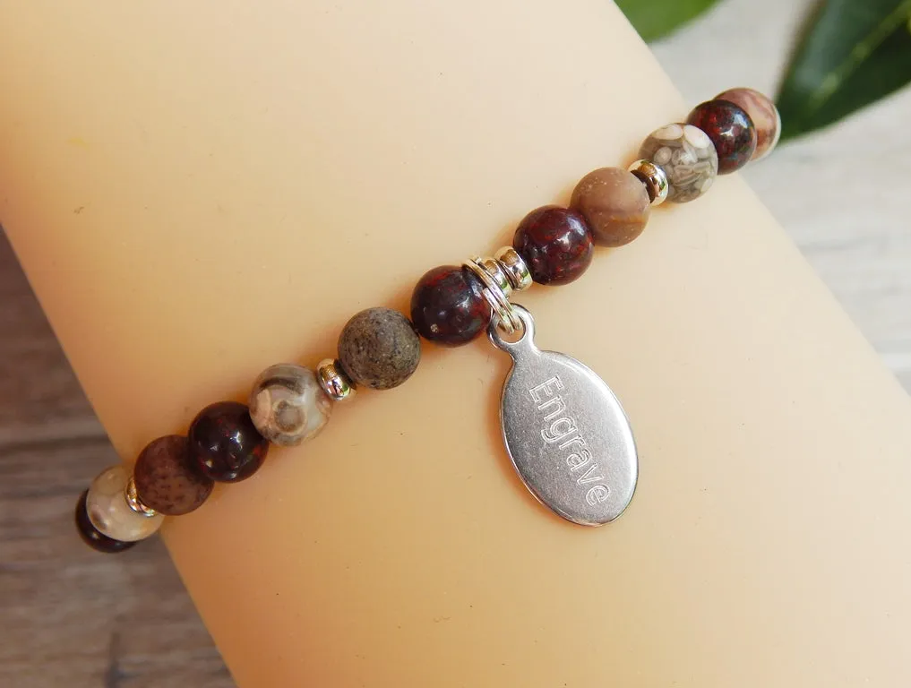 Natural Bead Bracelet - Engraved Charm Jewelry