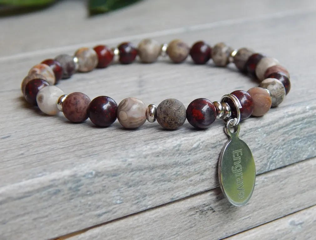 Natural Bead Bracelet - Engraved Charm Jewelry