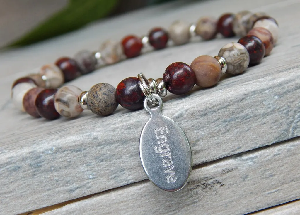 Natural Bead Bracelet - Engraved Charm Jewelry