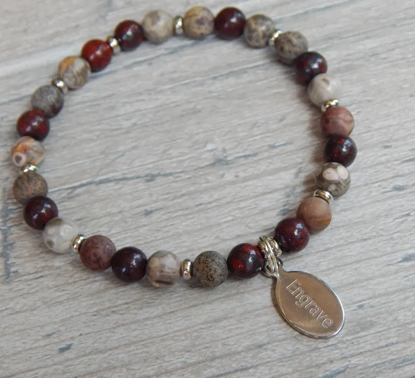 Natural Bead Bracelet - Engraved Charm Jewelry