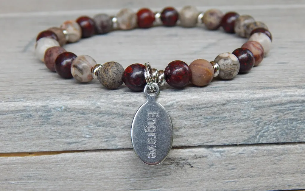 Natural Bead Bracelet - Engraved Charm Jewelry