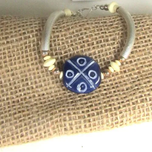 Navy Kazuri Bangle  Bracelet with Silver Accents