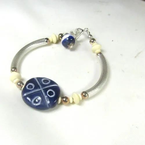 Navy Kazuri Bangle  Bracelet with Silver Accents