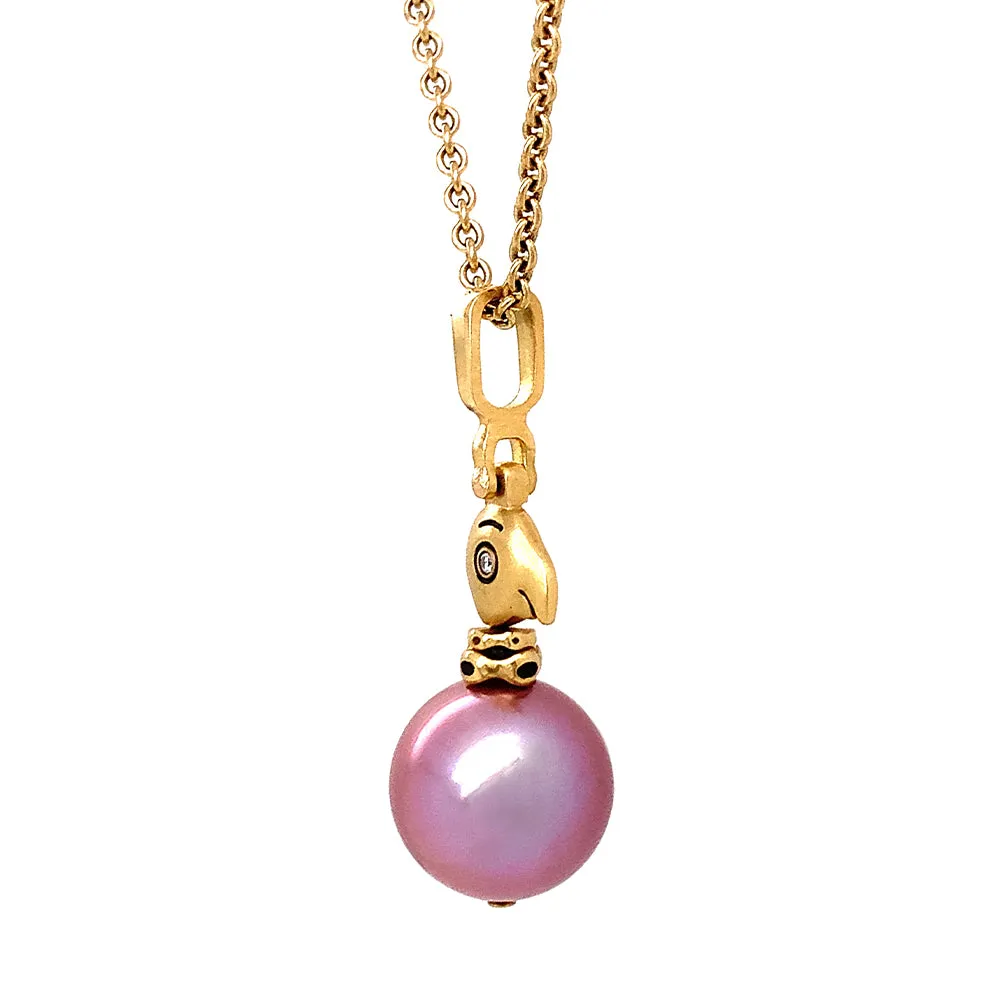 Pink Pearl & Yellow Gold Bird Pendant - "Fable Animals & Strange Characters"