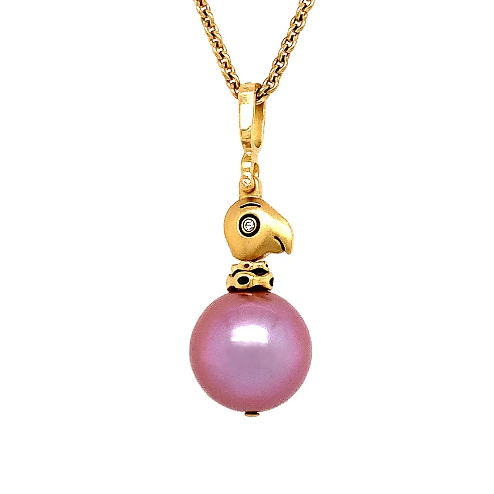 Pink Pearl & Yellow Gold Bird Pendant - "Fable Animals & Strange Characters"