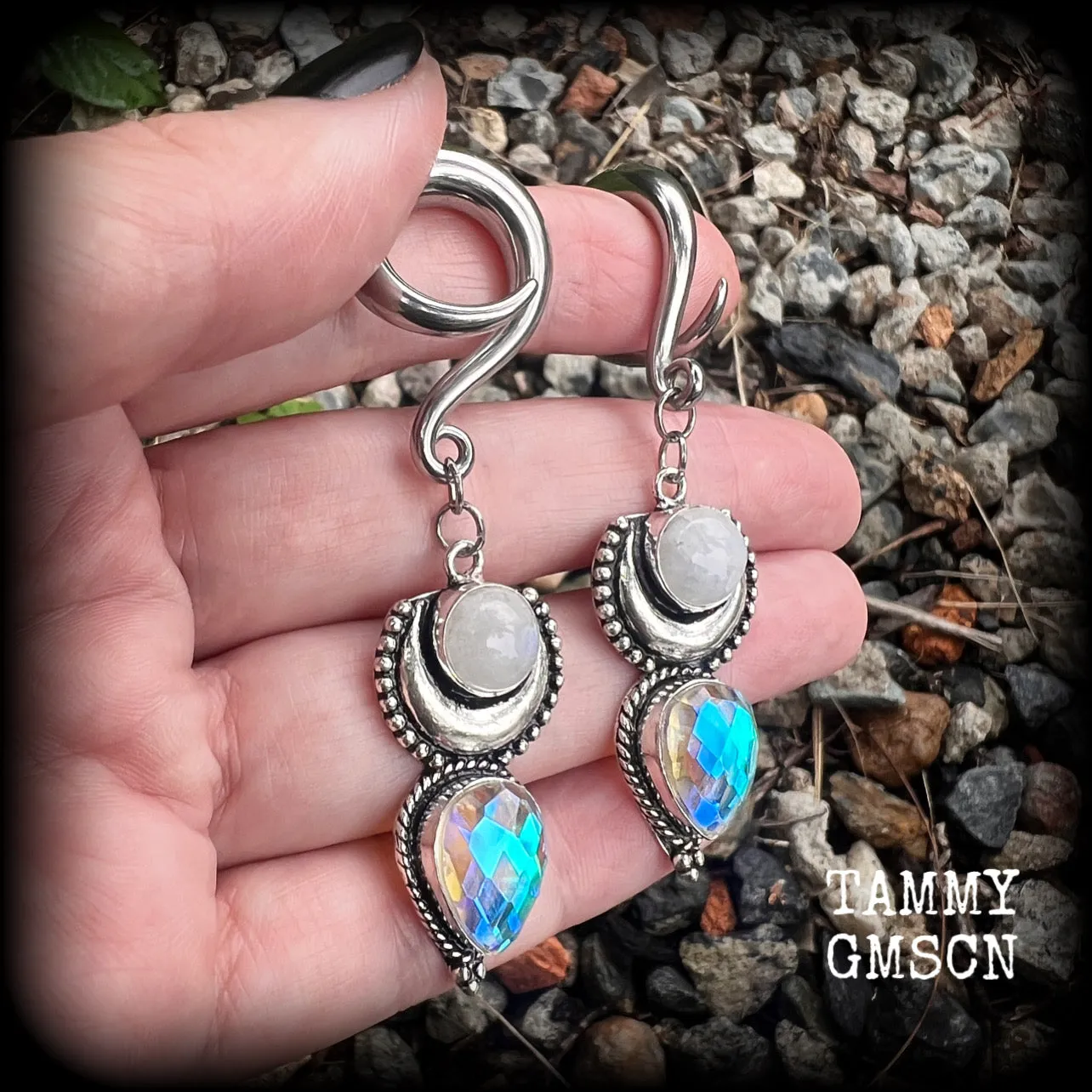 Rainbow moonstone and fire topaz gauged earrings-Hanging gauges