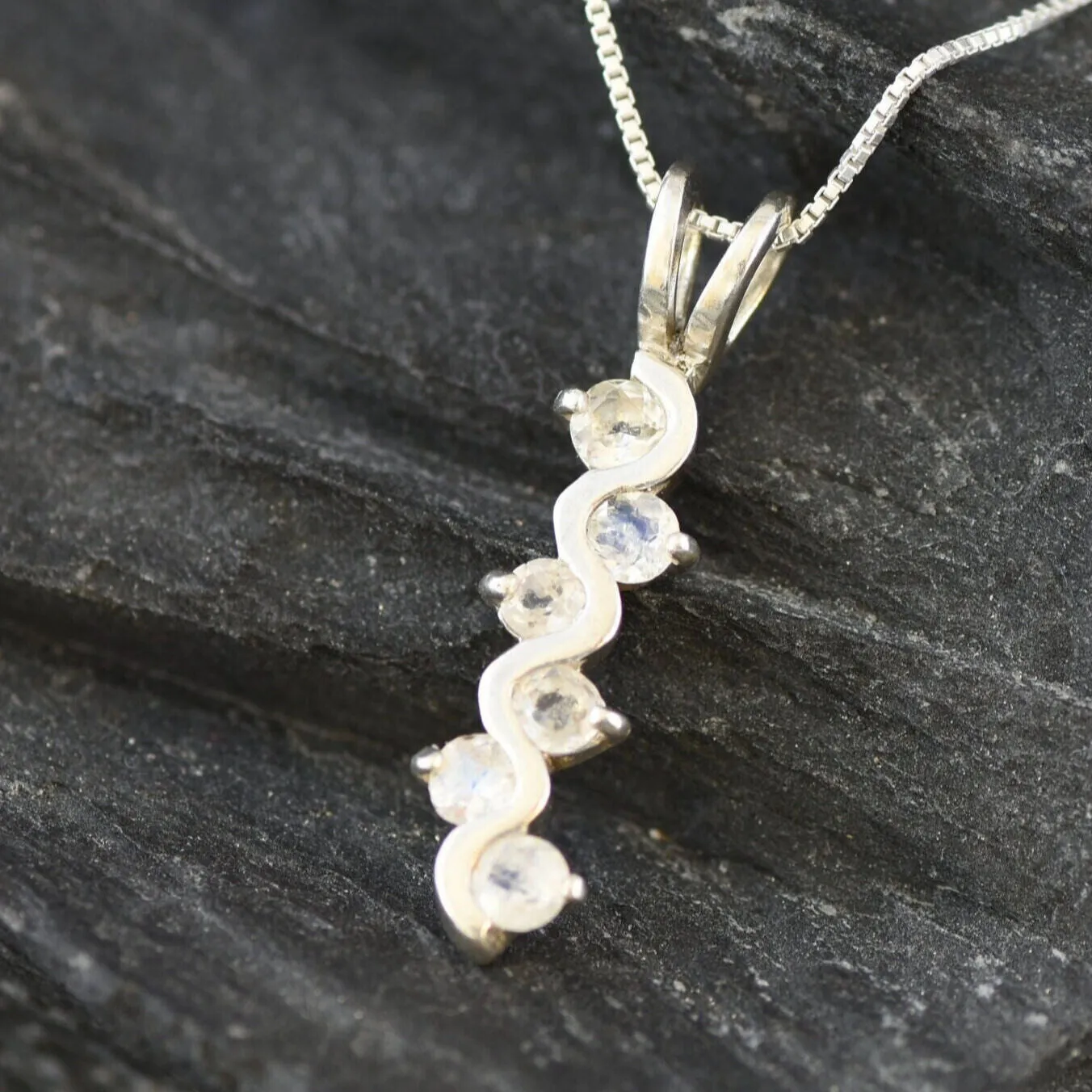 Rainbow Moonstone Pendant - White Vertical Necklace - June Birthstone Necklace