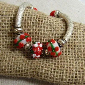 Red Artisan Bead Flower Bangle Bracelet