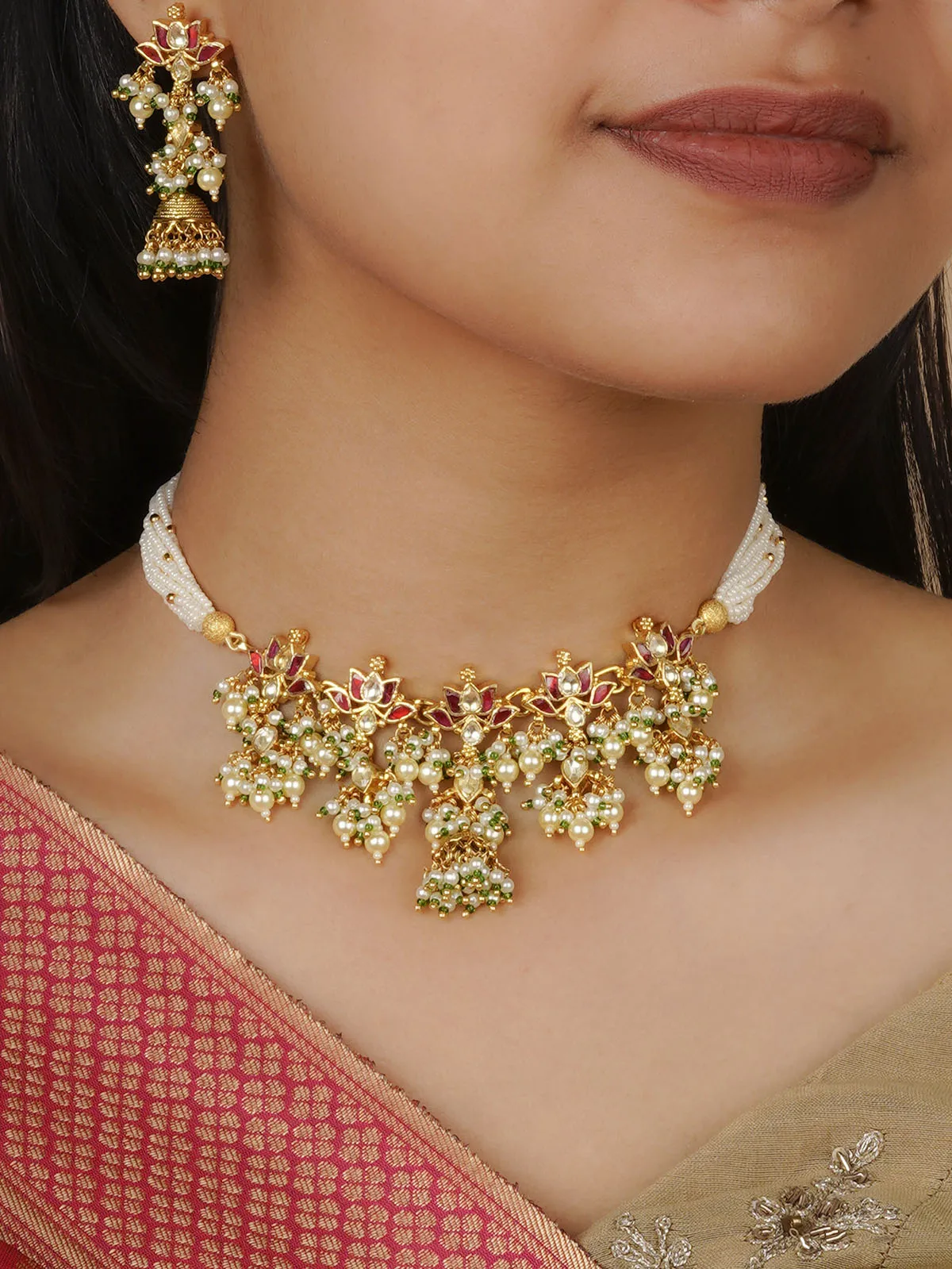 Red Color Gold Plated Jadau Kundan Necklace Set - MS1783YR