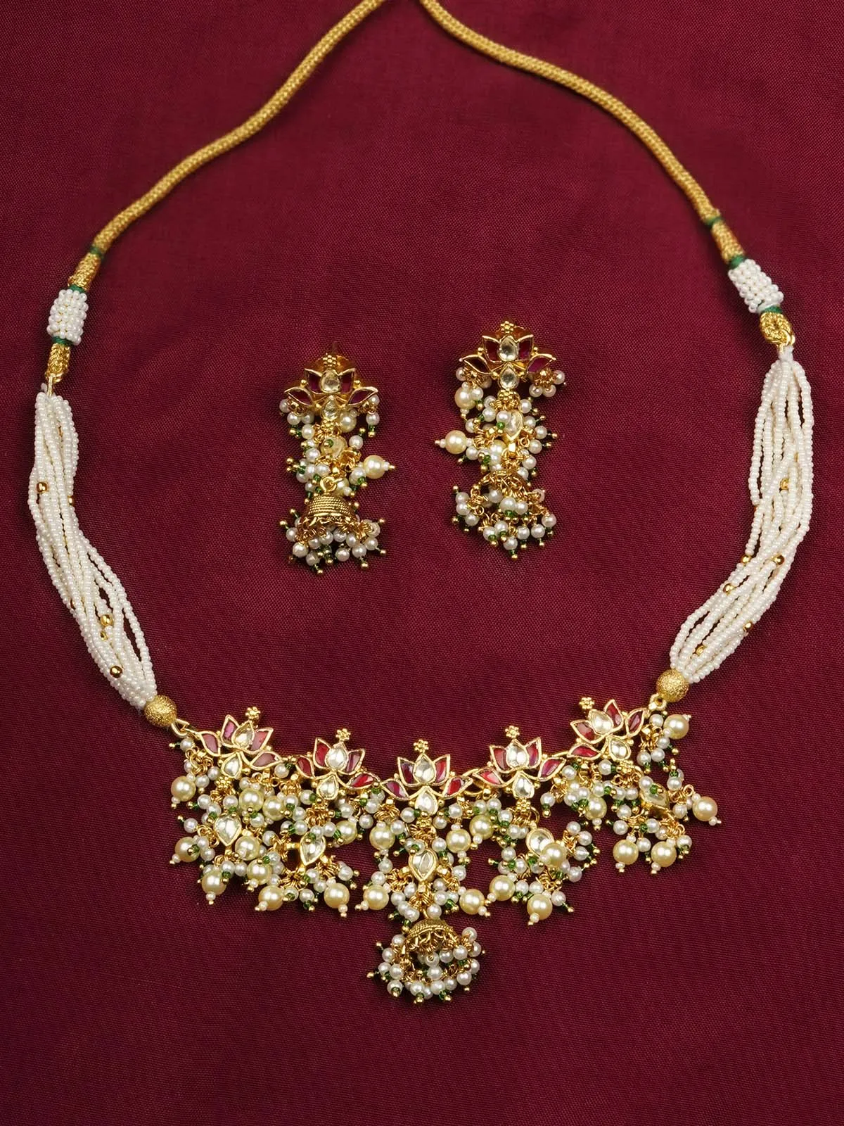 Red Color Gold Plated Jadau Kundan Necklace Set - MS1783YR