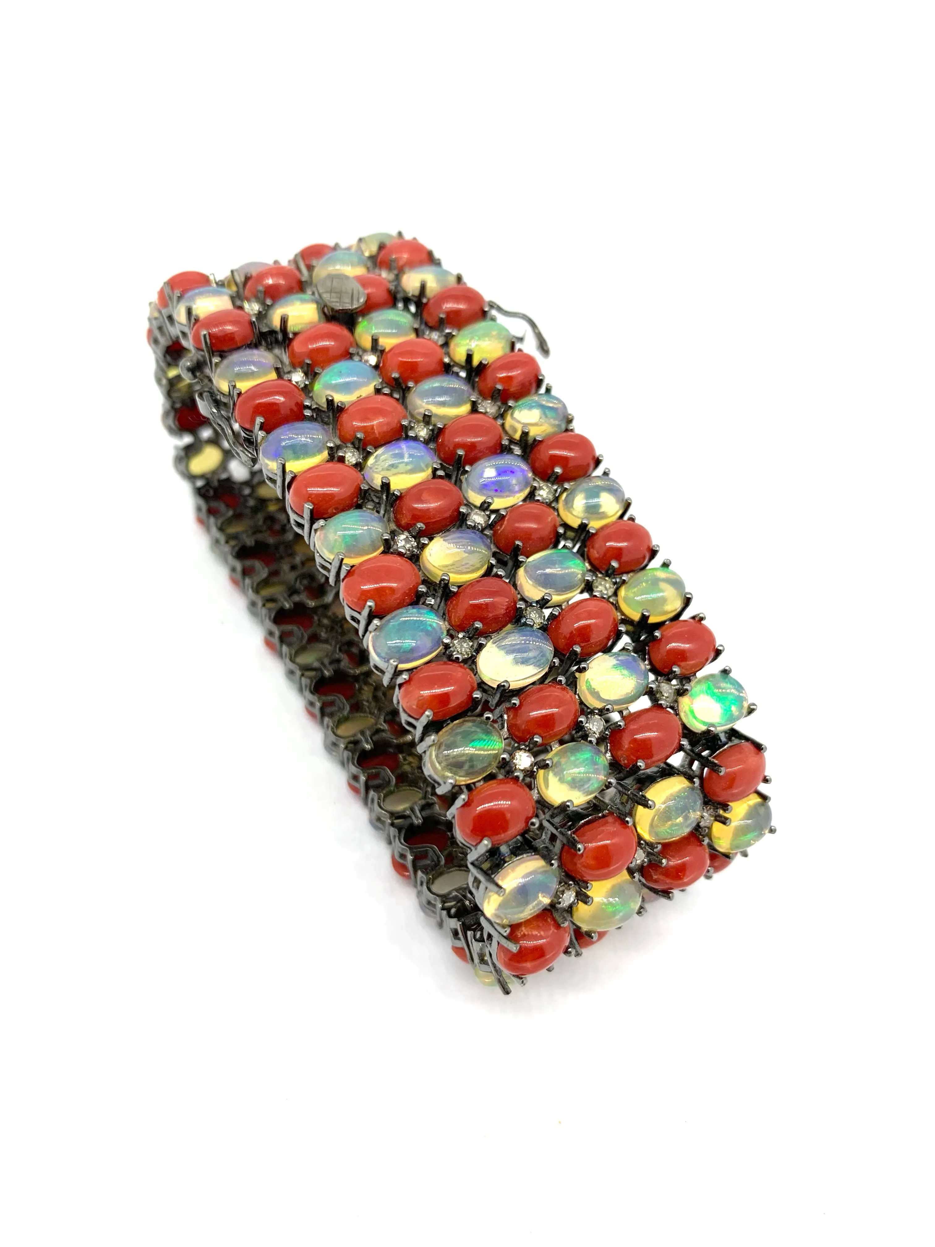 Red Coral, Opal, and Diamond Statement Bracelet