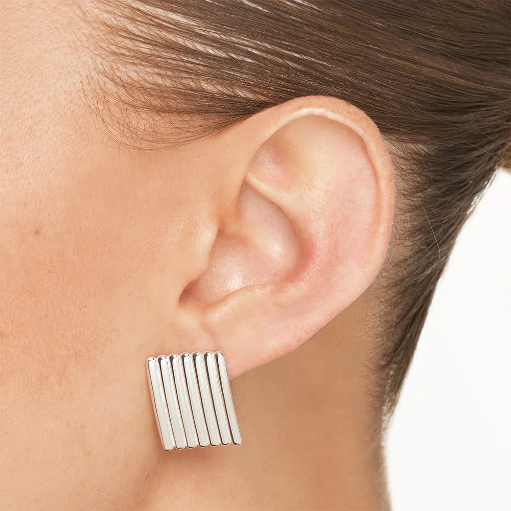 Ribbed Square Stud Earrings in Silver