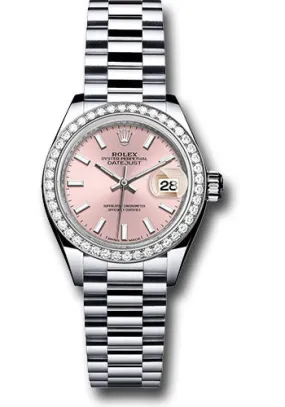 Rolex Platinum Lady-Datejust 28 Watch - 44 Diamond Bezel - Pink Index Dial - President Bracelet - 279136RBR pip