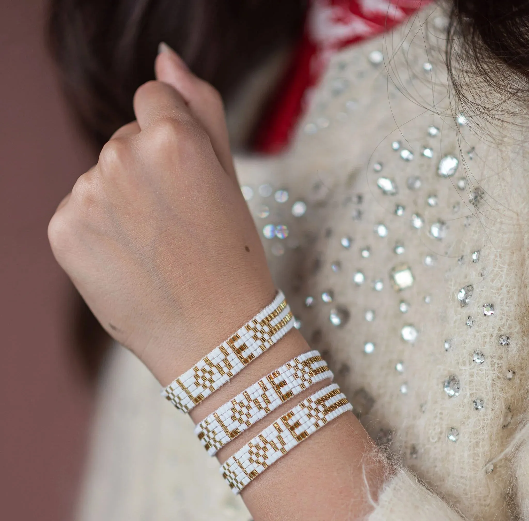 Seed Bead LOVE Bracelet - White & Gold