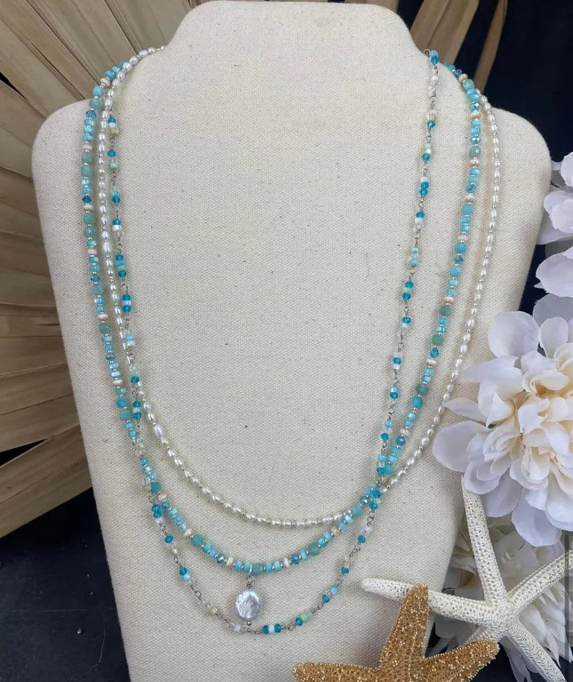 Shell chain, pearl, mother of pearl, silver metal, Amazonite stone, layered necklace.