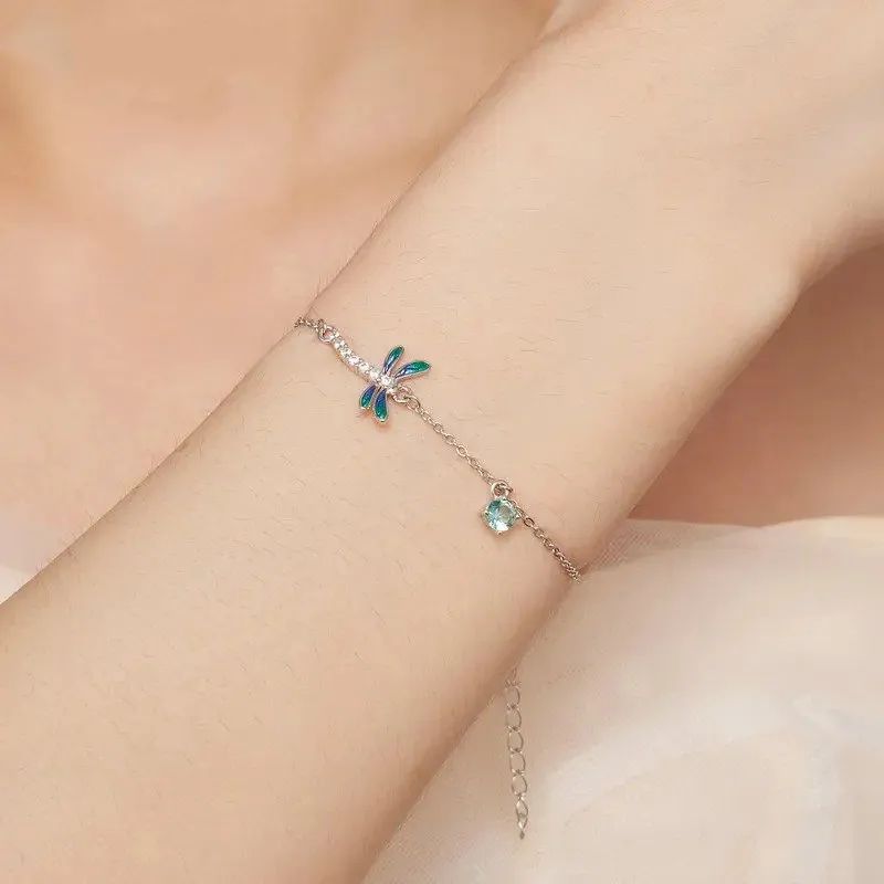 Silver Green and Blue Enamel Dragonfly Bracelet Insect Chain Link for Women