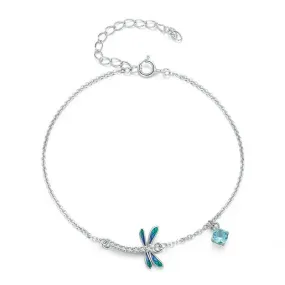 Silver Green and Blue Enamel Dragonfly Bracelet Insect Chain Link for Women