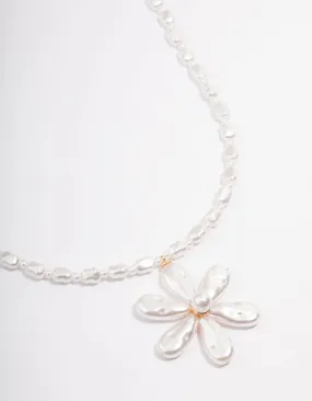 Silver Pearl Chain & Flower Pendant Necklace