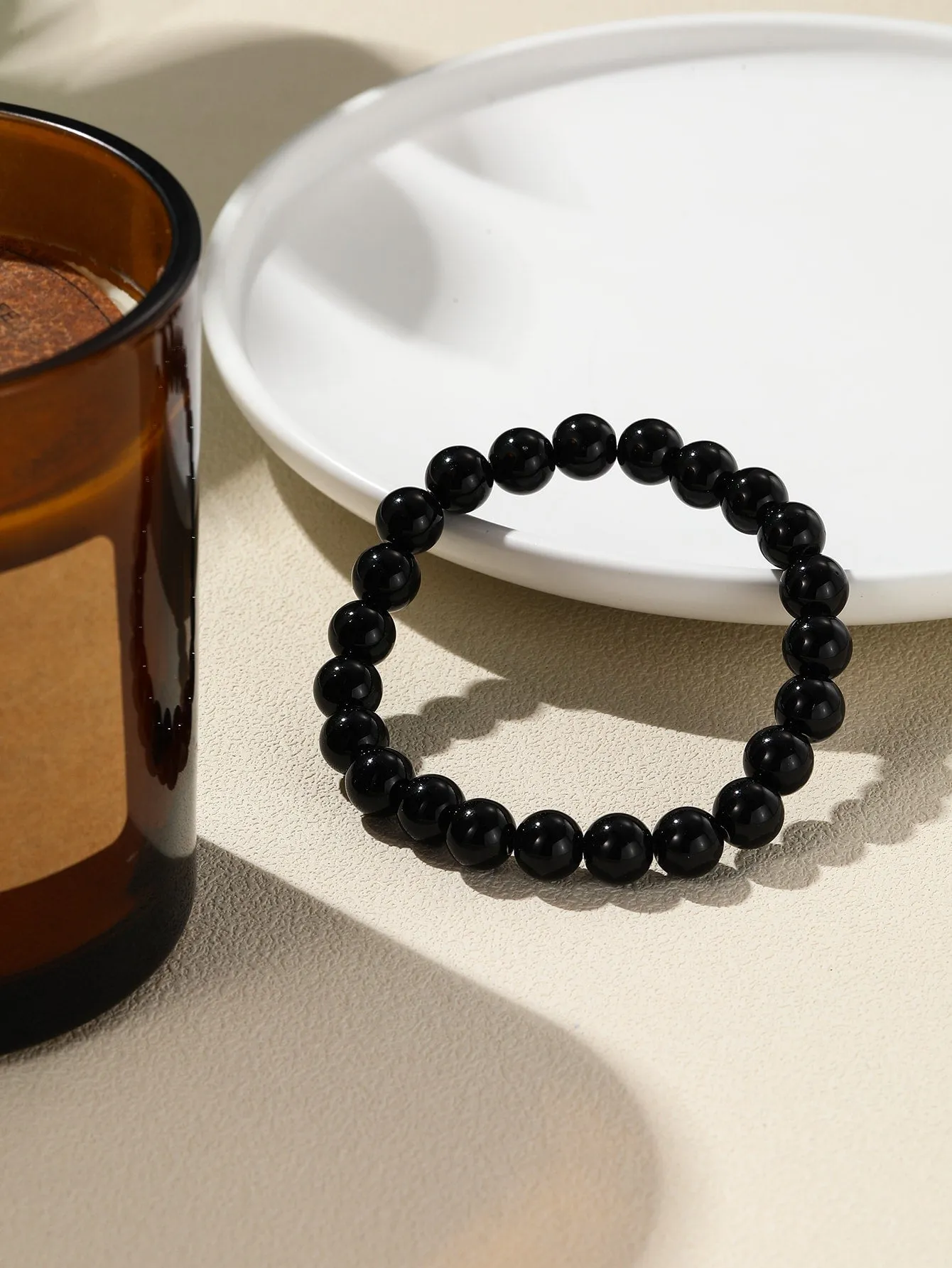 Smooth Black Minimalist Beaded Bracelet Men Bracelet Stackable Bracelet Crafted