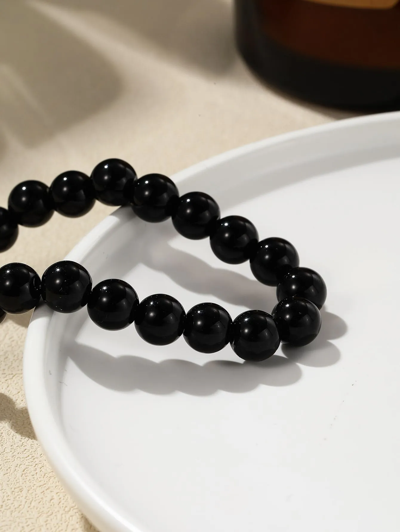 Smooth Black Minimalist Beaded Bracelet Men Bracelet Stackable Bracelet Crafted