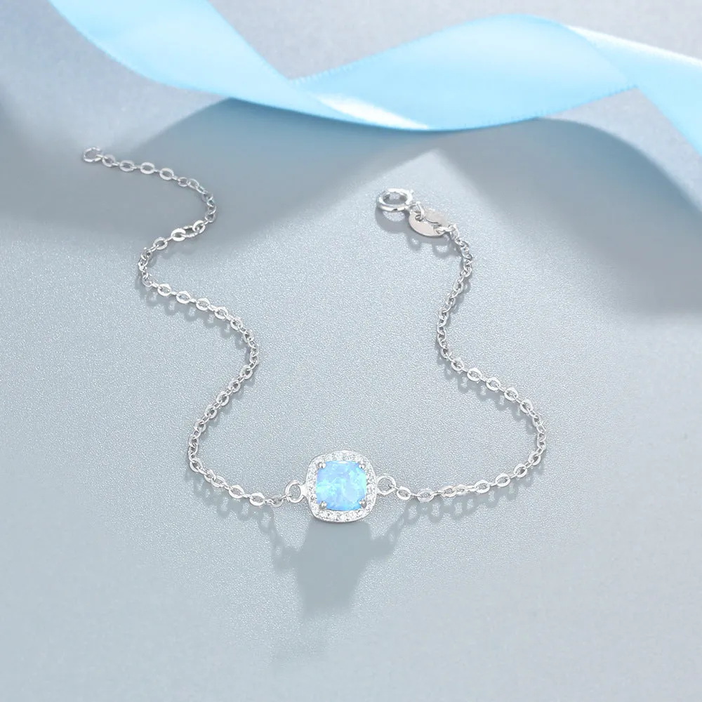 Square Blue Opal Zircon Soleste Halo Sterling Silver Bracelet