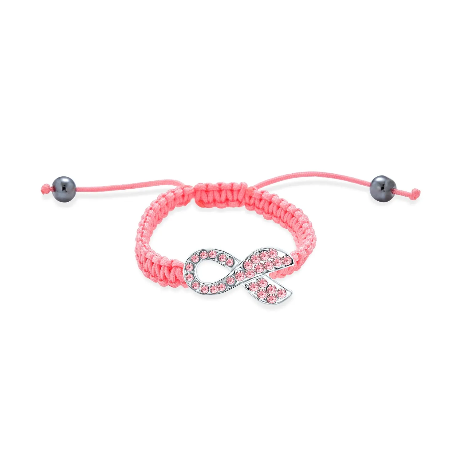 Stackable Pink Ribbon Strand Bracelet with Pave Crystal and Braided Cord