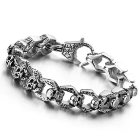 Stainless Steel Multiple Skulls Link Biker Bracelet