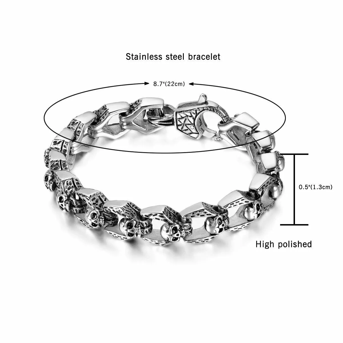 Stainless Steel Multiple Skulls Link Biker Bracelet