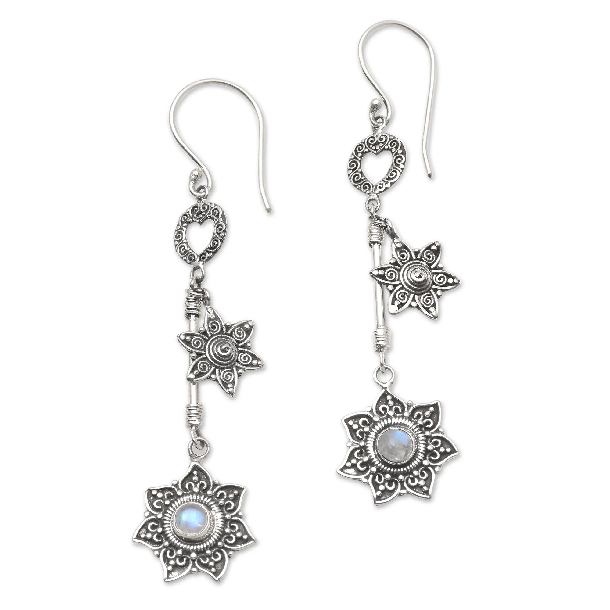 Starflowers Sterling and Rainbow Moonstone Dangle Earrings