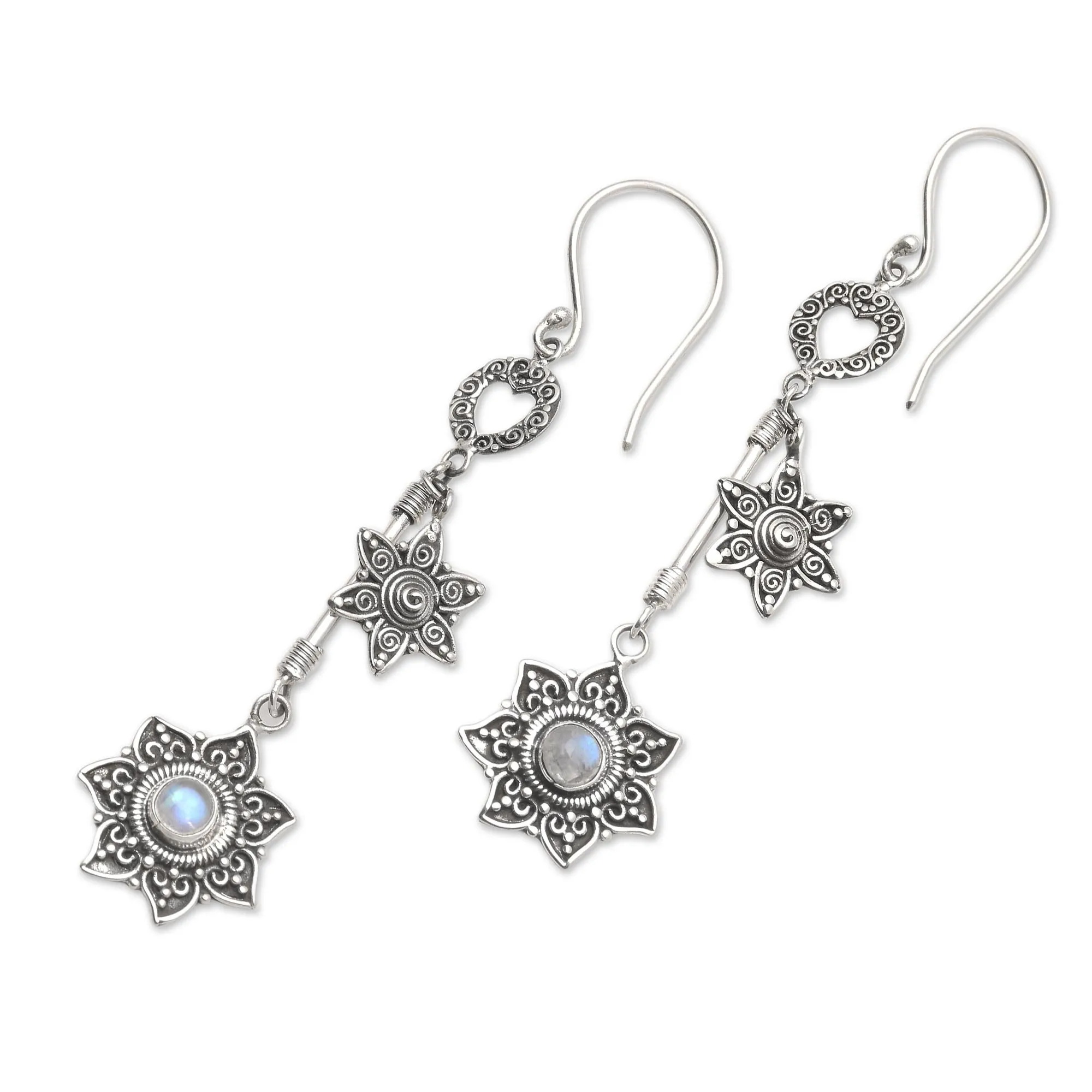 Starflowers Sterling and Rainbow Moonstone Dangle Earrings