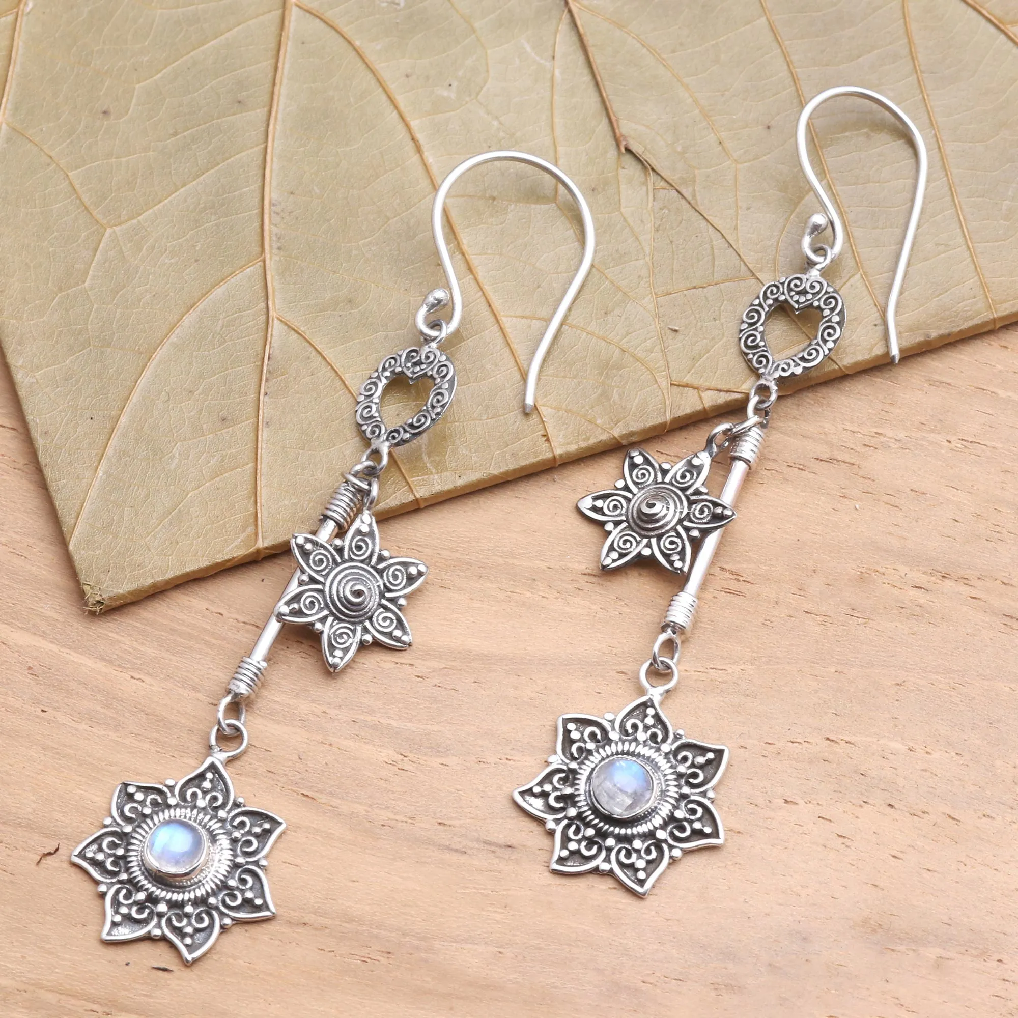 Starflowers Sterling and Rainbow Moonstone Dangle Earrings