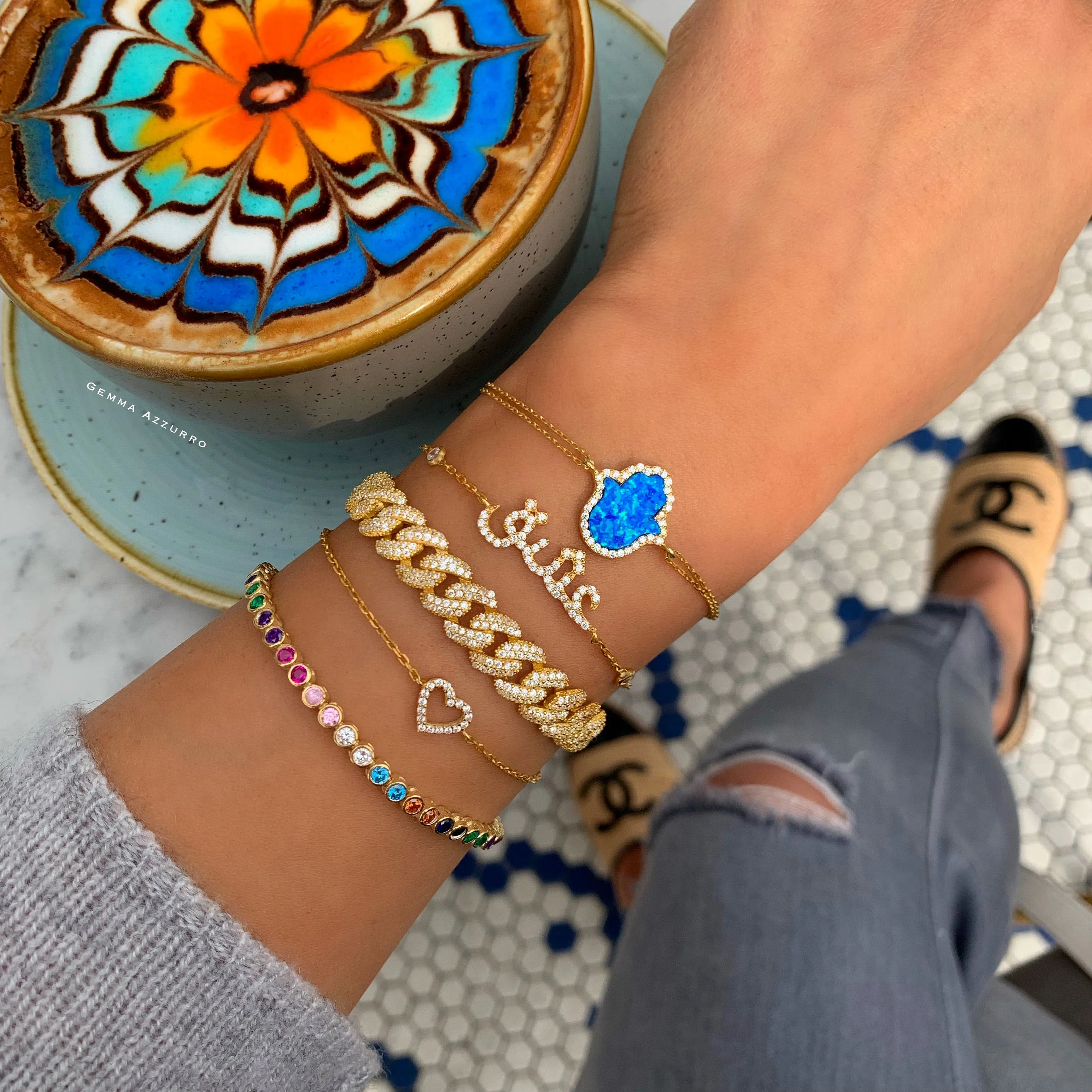 Sterling silver gold plated blue opal hamsa bracelet