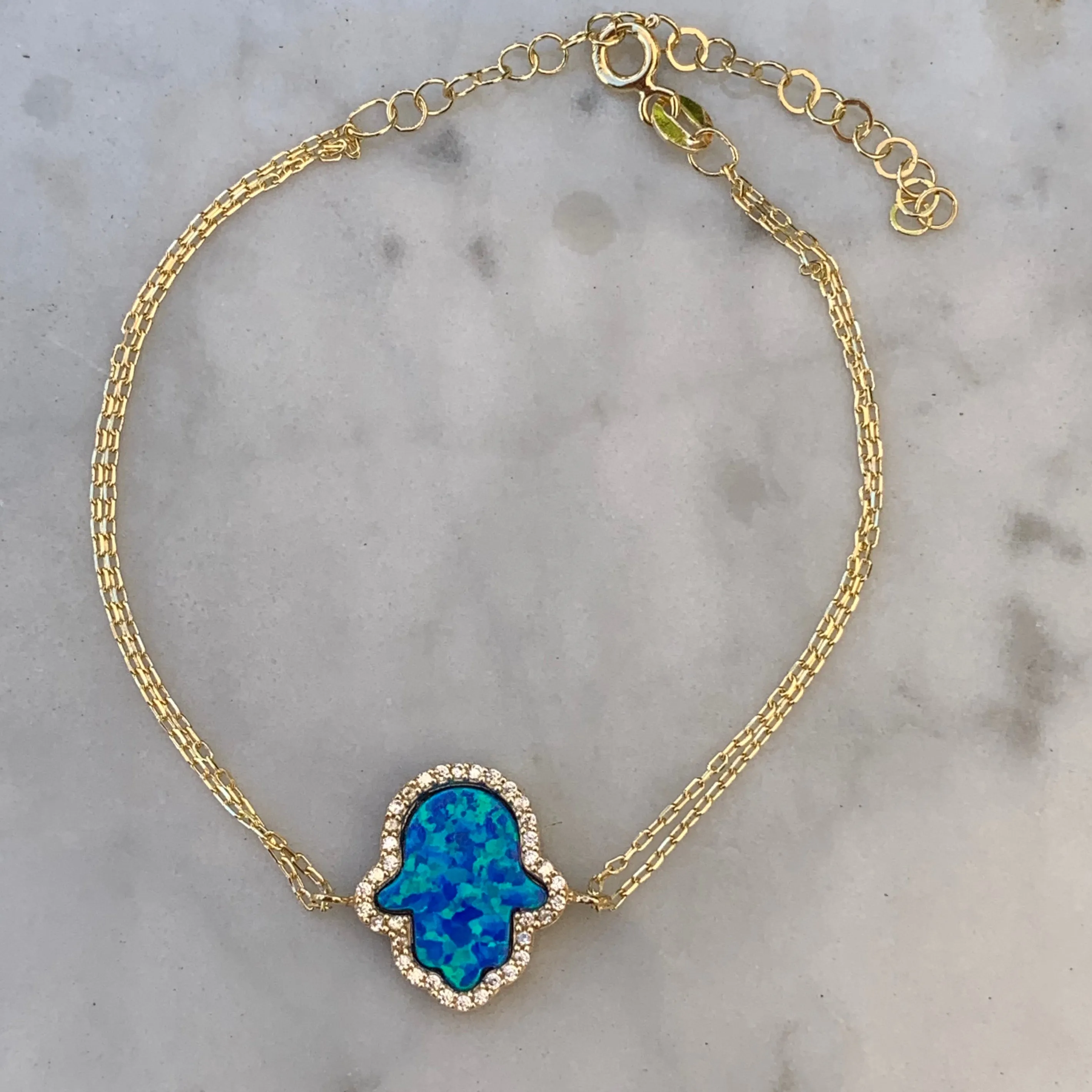 Sterling silver gold plated blue opal hamsa bracelet