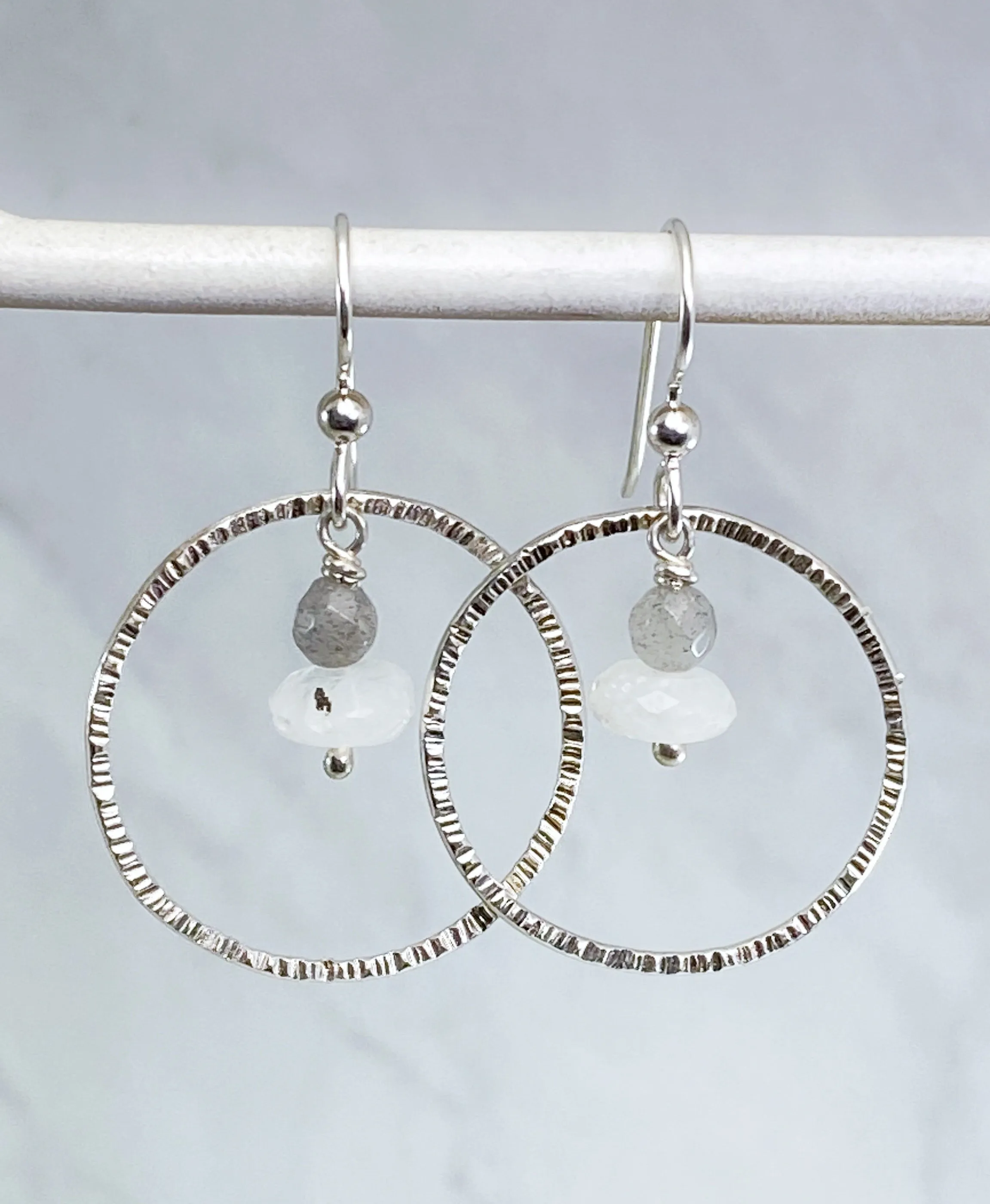 Sterling silver hoop earrings with moonstone and labradorite