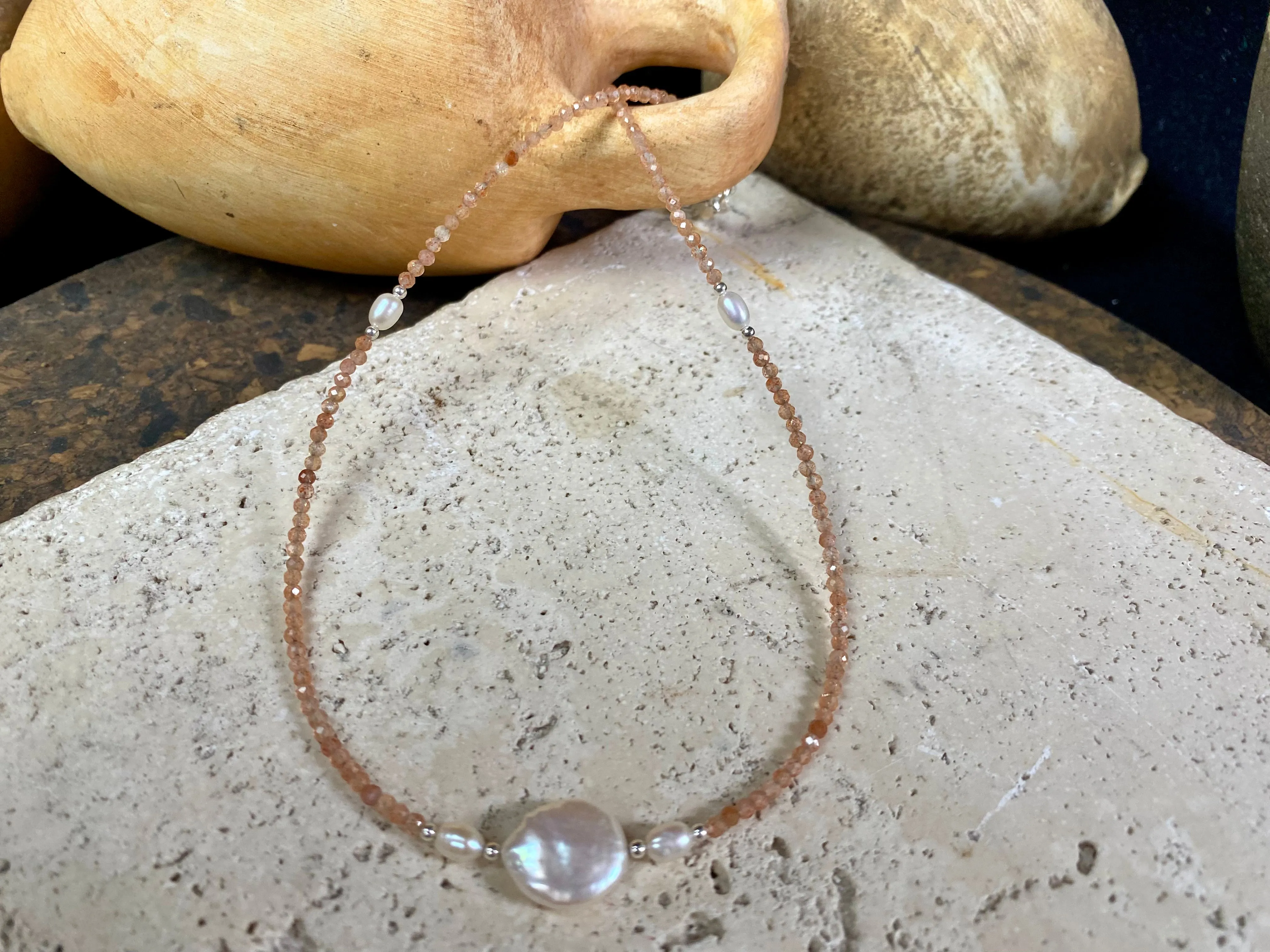 Sunstone and Pearl Choker