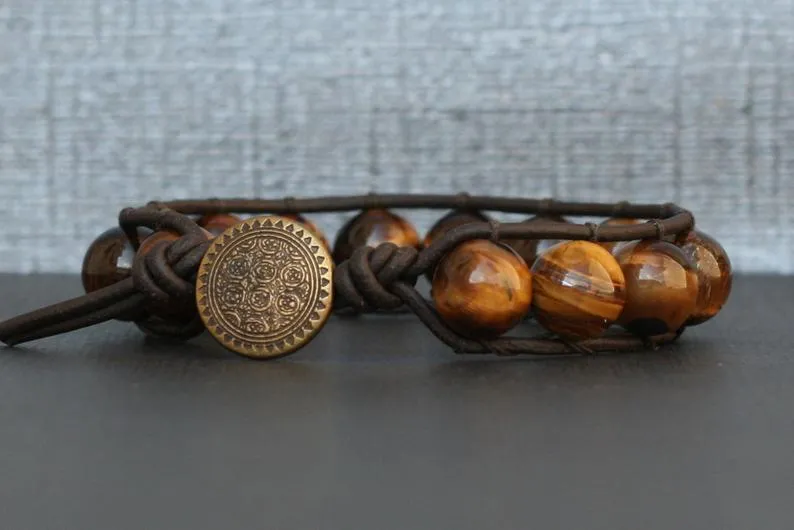 Tiger Eye Single Wrap Bracelet on Brown/Black Leather