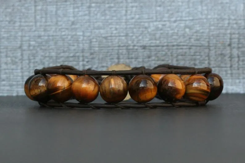 Tiger Eye Single Wrap Bracelet on Brown/Black Leather