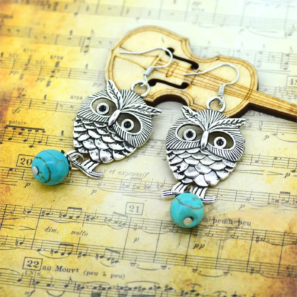 Turquoise Owl Women's Dangle Earrings Pendientes Ancient Earrings for Woman Gift Brincos Fine Jewelry Summer Style