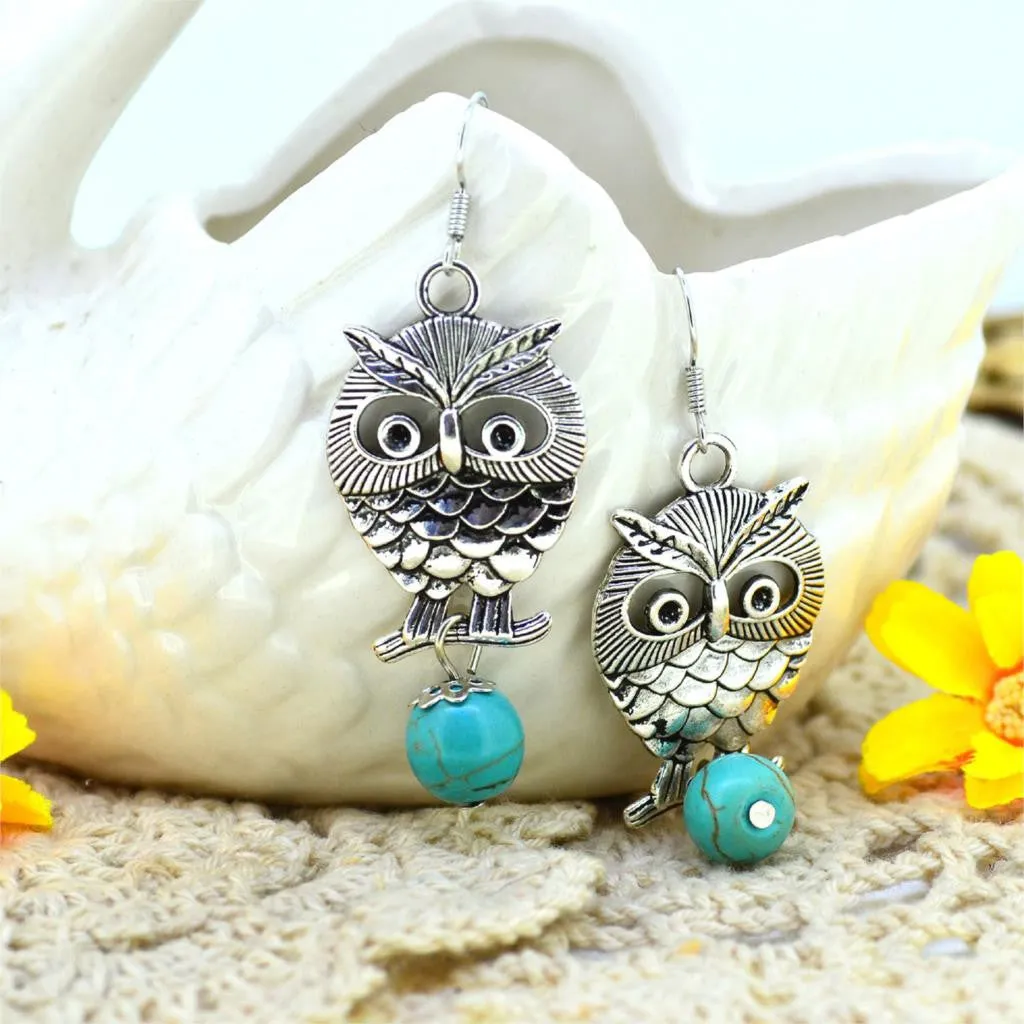 Turquoise Owl Women's Dangle Earrings Pendientes Ancient Earrings for Woman Gift Brincos Fine Jewelry Summer Style