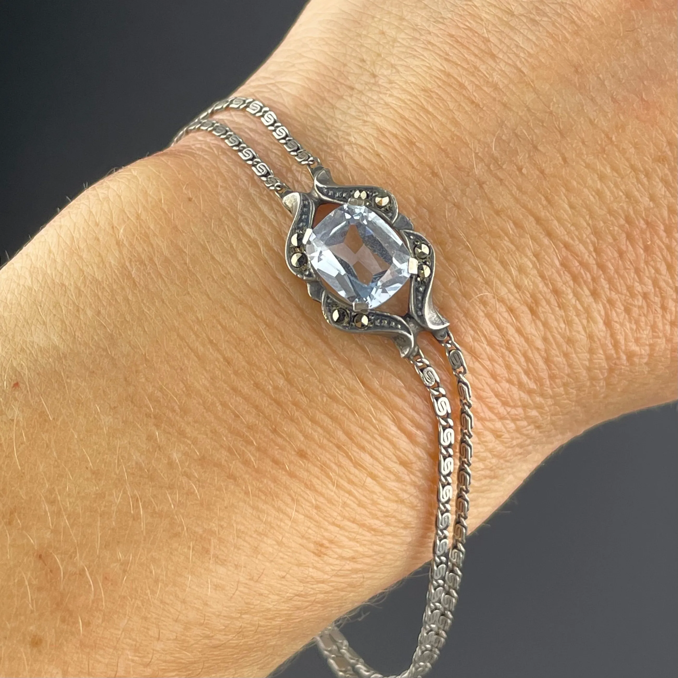 Vintage Silver Double Chain Blue Topaz Bracelet