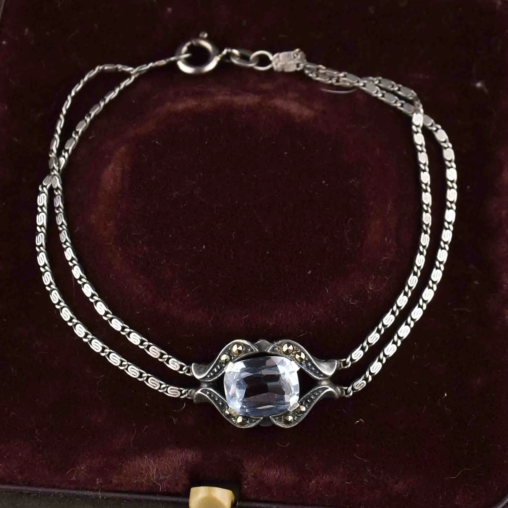 Vintage Silver Double Chain Blue Topaz Bracelet