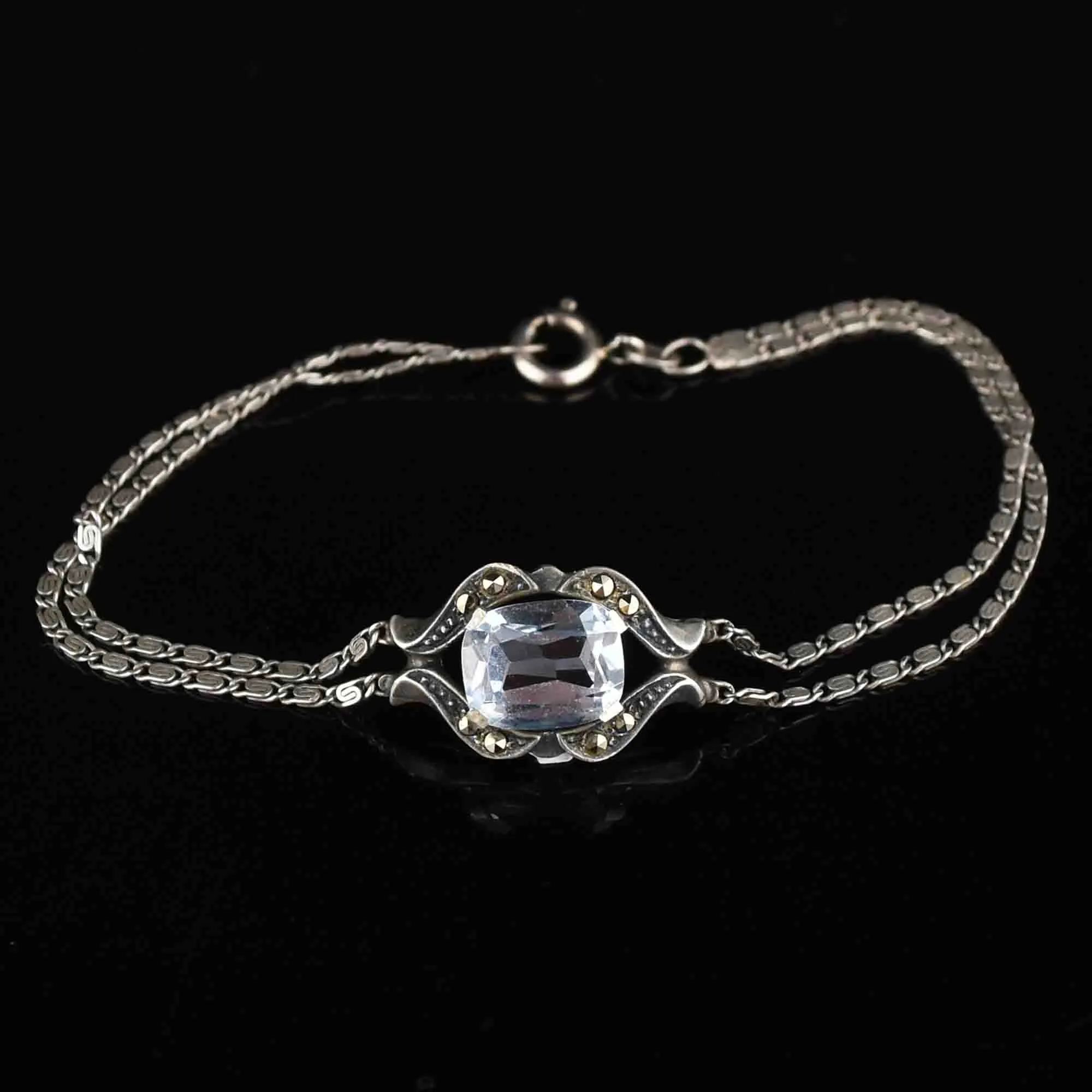 Vintage Silver Double Chain Blue Topaz Bracelet