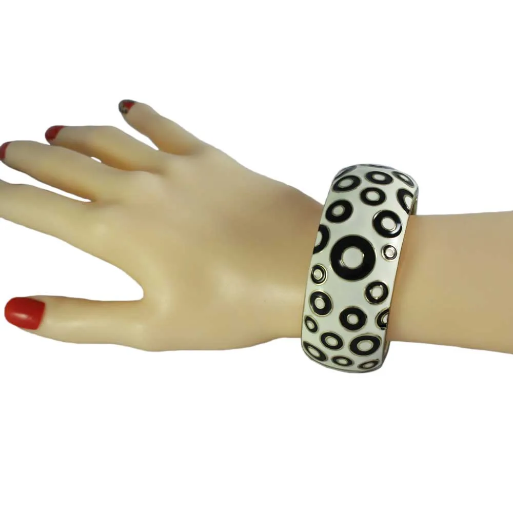 White Enamel with Black Polka Dots Hinged Bangle - BG506