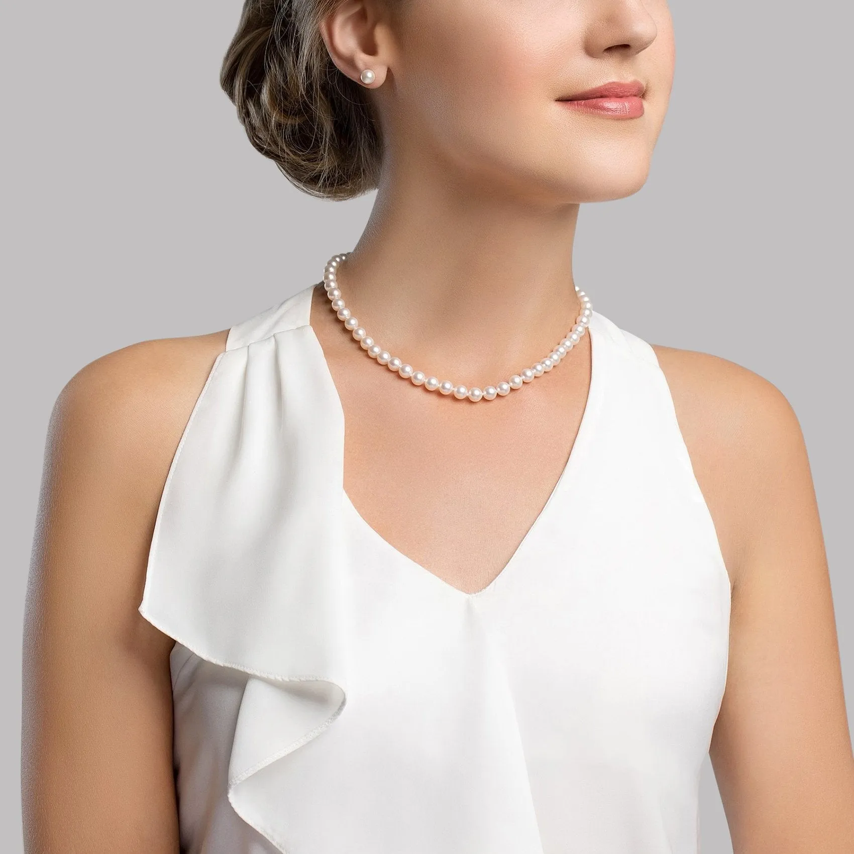 White Japanese Akoya Choker Length Pearl Necklace, 6.5-7.0mm - AA  Quality