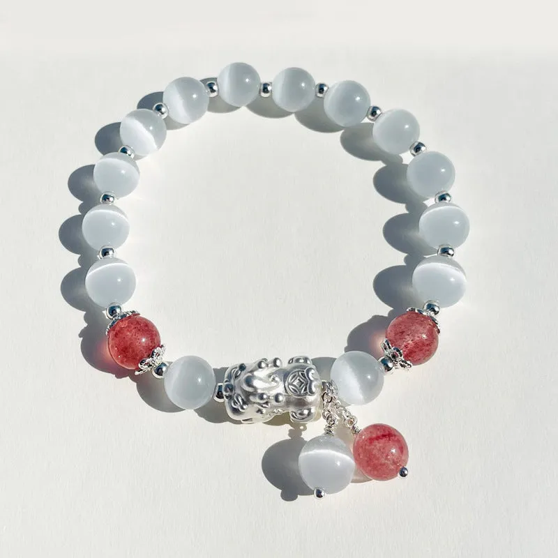 White Opal Bracelet with Gray Moonlight Strawberry Crystal Beads