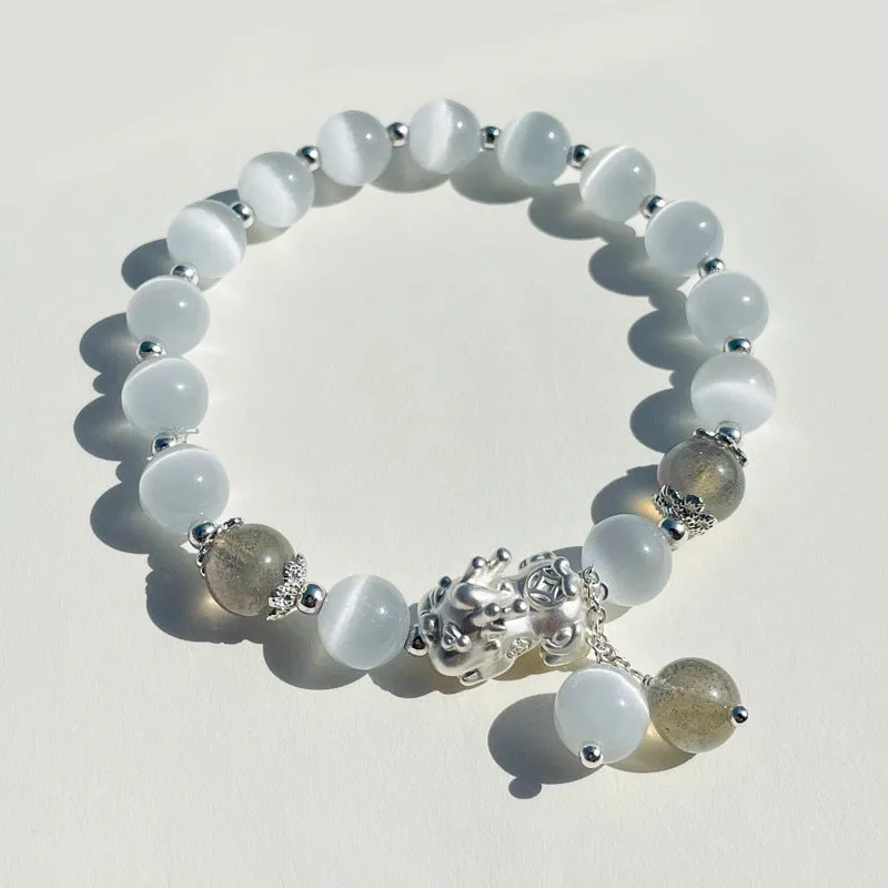 White Opal Bracelet with Gray Moonlight Strawberry Crystal Beads