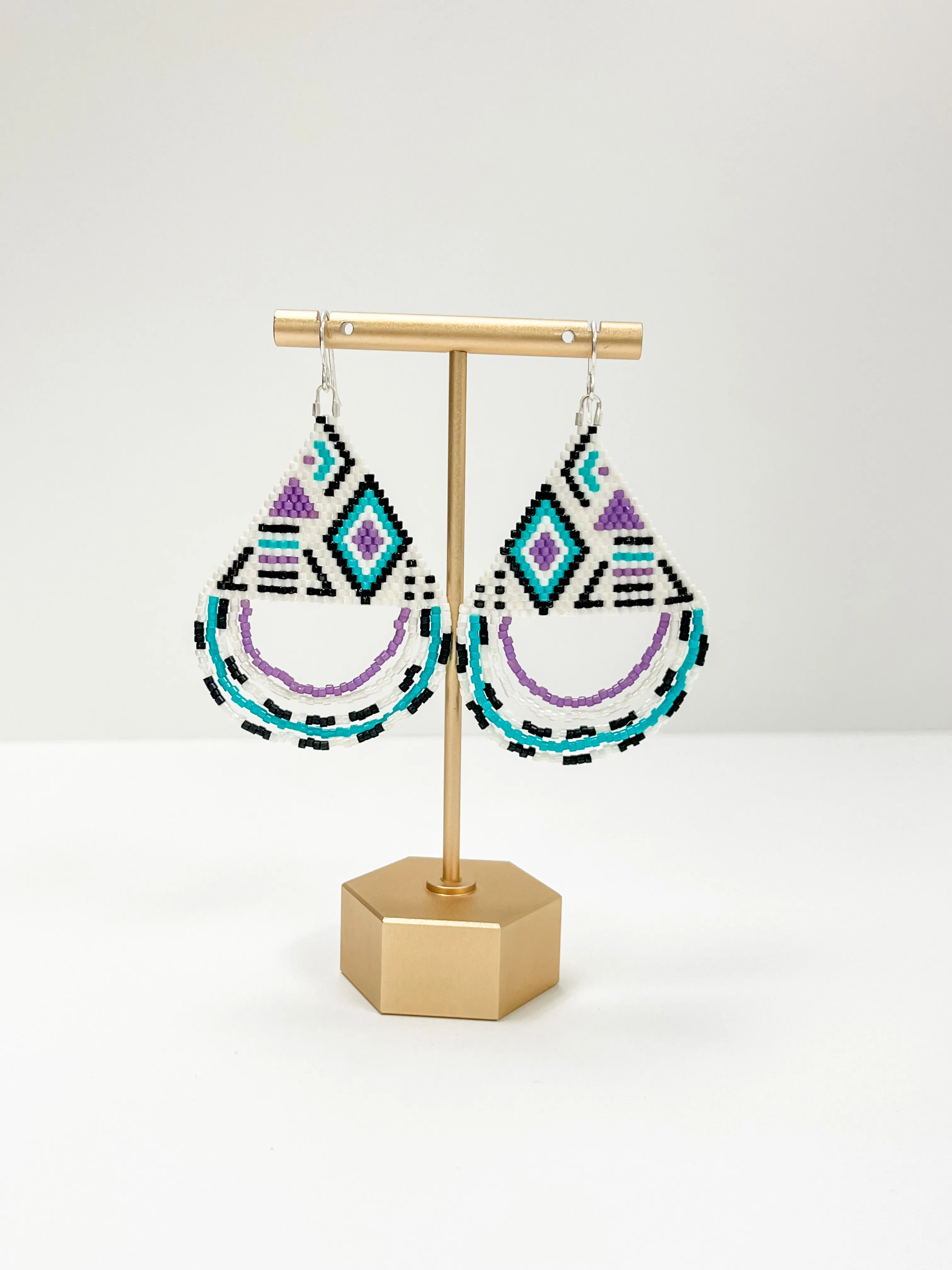 White, Purple and Teal Beaded Earrings